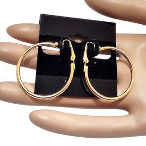 1 1/4" Polished 32mm Hoops Clip On Earrings Gold Plated 2mm Tube Round Smooth